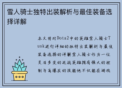雪人骑士独特出装解析与最佳装备选择详解
