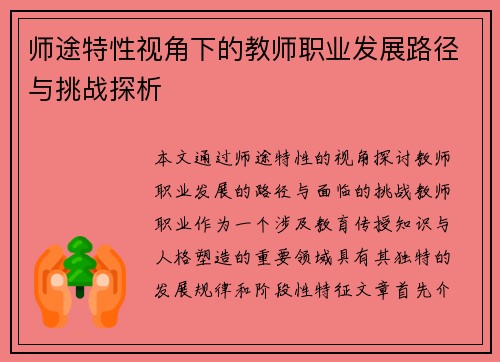 师途特性视角下的教师职业发展路径与挑战探析